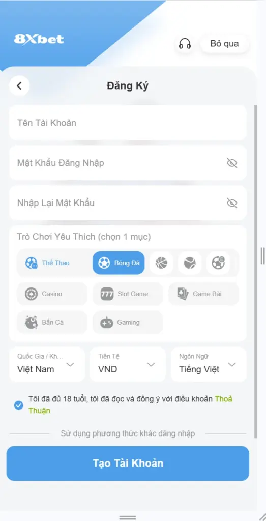 Form đăng ký tài khoản 8XBET